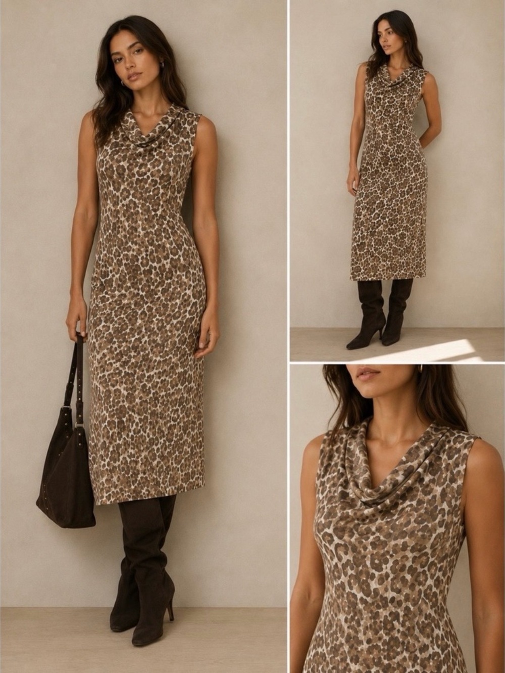J. McLaughlin Sleeveless Dress Size Medium NWT Tan Animal Print Cowl Neck Midi